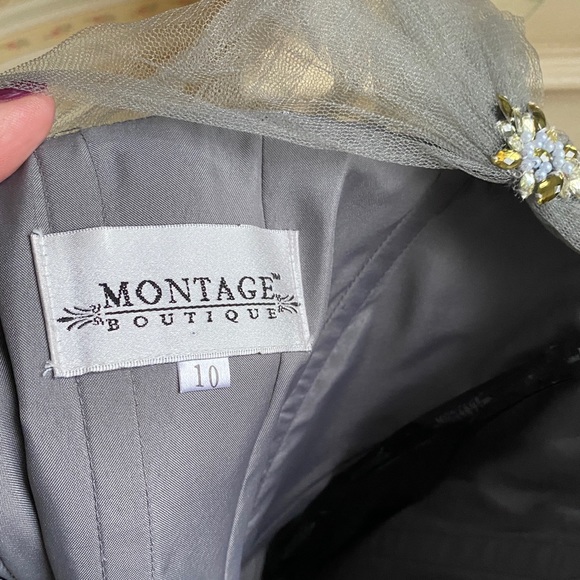 Montage by Mon Cheri - Silver Embroidered Grey/Gold Sequin Tulle Gown Size 10 - Picture 13 of 17